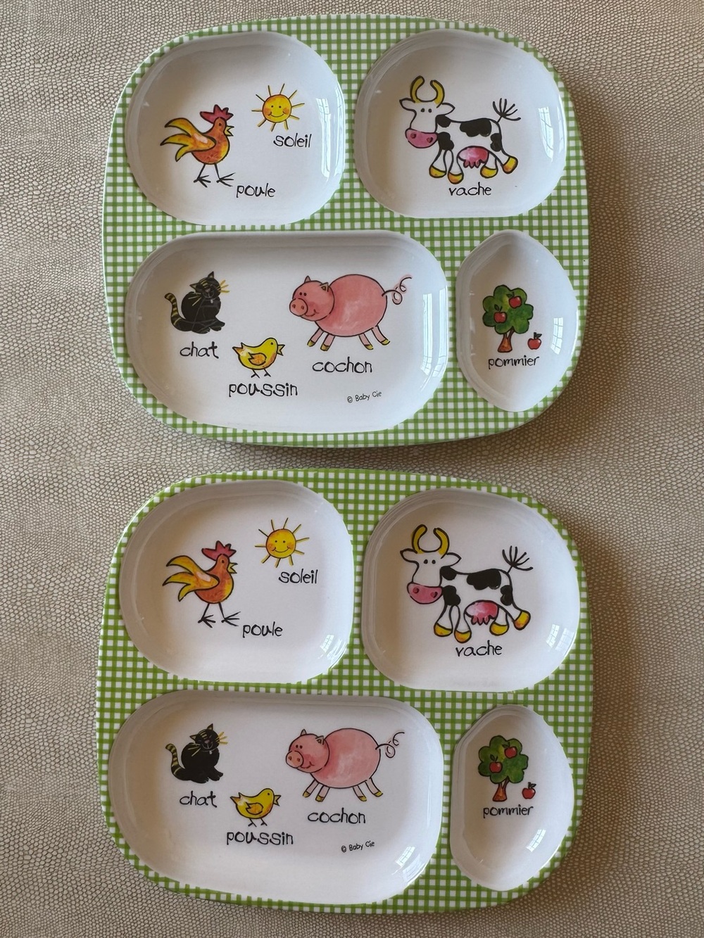 Williams Sonoma Baby Cie French Melamine Divided Farm Animals Plate Set of 2